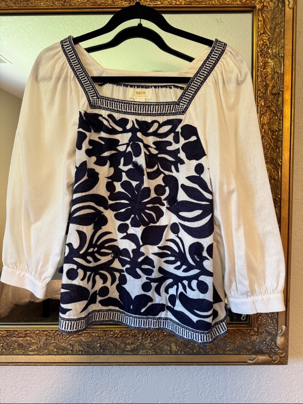Maeve White Peasant Blouse with Navy Floral Embroidery